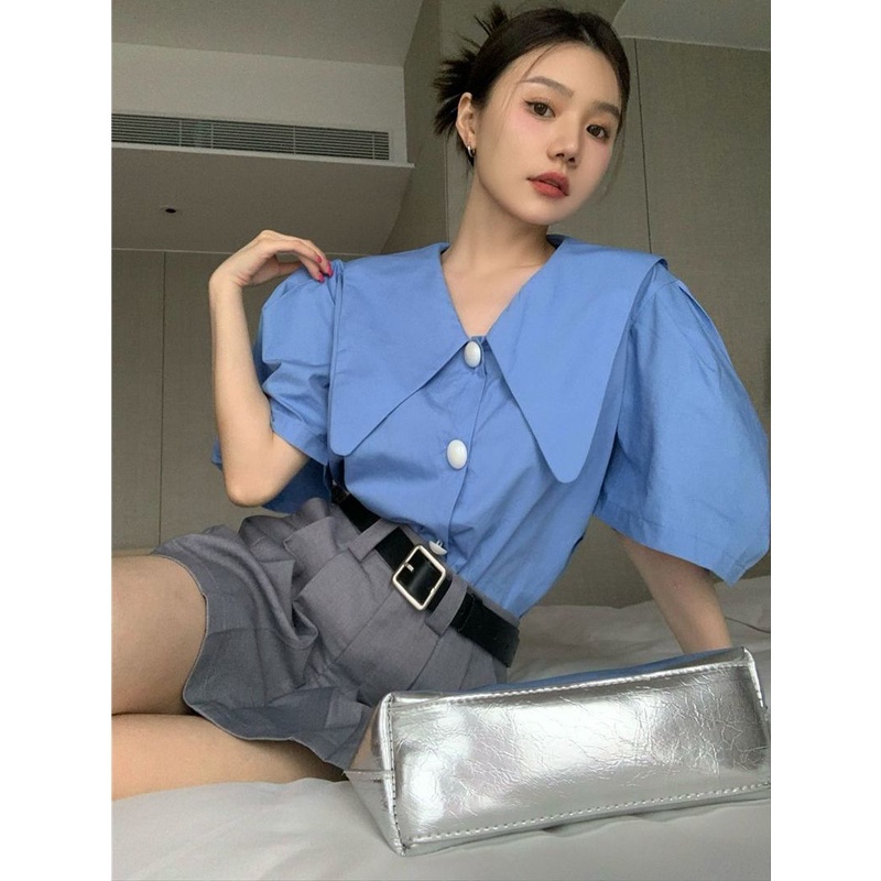 Bộ Áo Sơ Mi Tay Phồng + Chân Váy Xếp Ly Lưng Cao Phong Cách Pháp Thời Trang Mùa Hè Cho Nữ