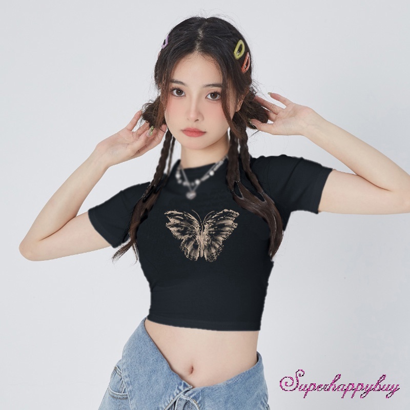 Áo Thun Ngắn Tay Cổ Tròn In Họa Tiết Bướm Và Chữ Thời Trang Mùa Hè Cho Nữ