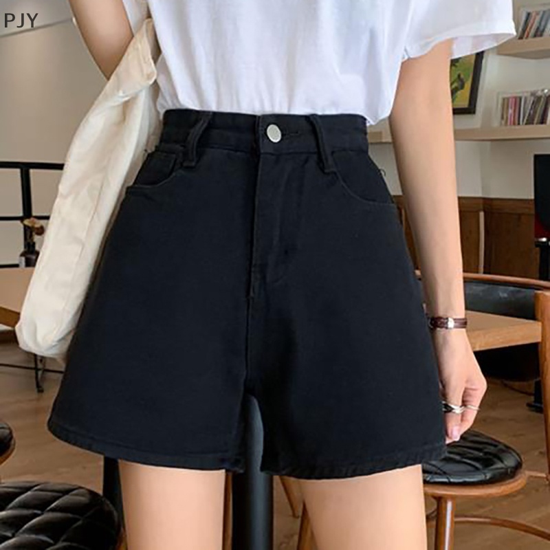 Quần Short Denim Lưng Cao Ống Rộng Màu Trơn Thời Trang Cho Nữ