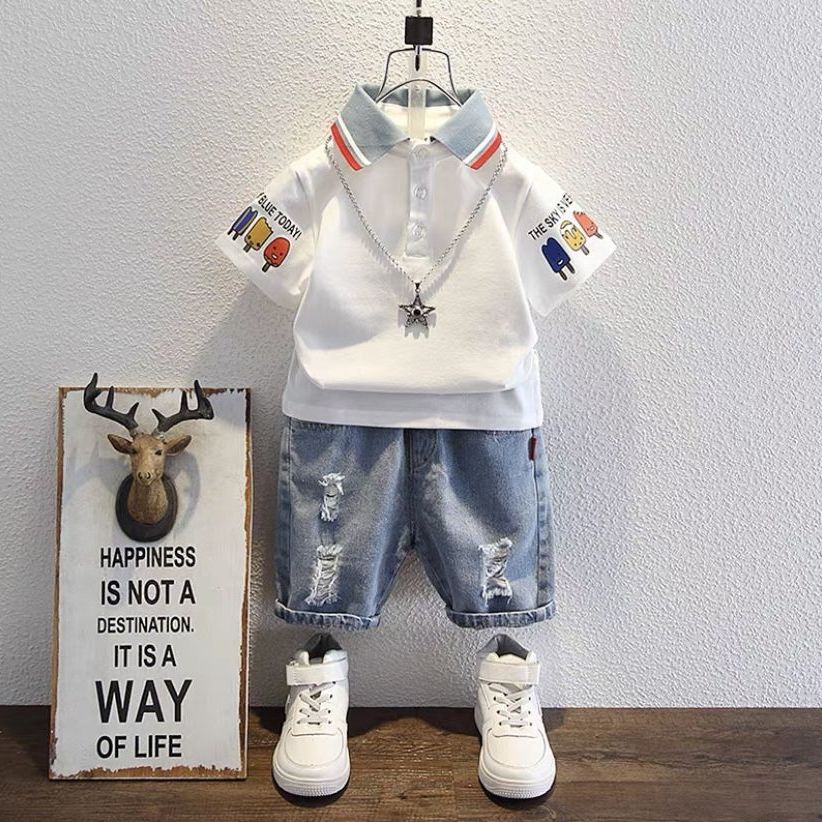 Bộ Áo Thun Polo Phối Quần Short Denim Thời Trang Mùa Hè 2023 Cho Bé Trai