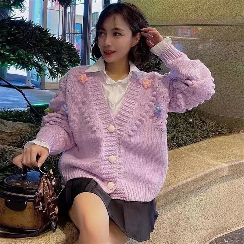 Áo Khoác Cardigan Dệt Kim Dáng Rộng Họa Tiết Hoa Xinh Xắn Cho Nữ