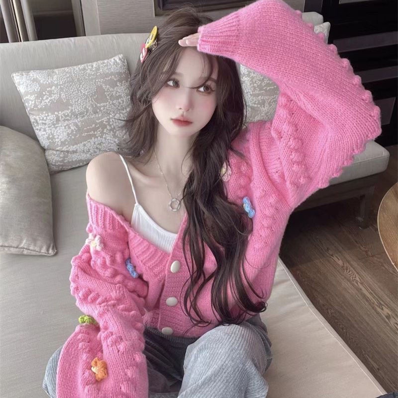 Áo Khoác Cardigan Dệt Kim Dáng Rộng Họa Tiết Hoa Xinh Xắn Cho Nữ