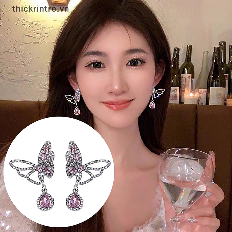 1 Đôi Bông Tai Hình Bướm Đính Đá Zircon Hồng Lấp Lánh Thời Trang Dành Cho Nữ