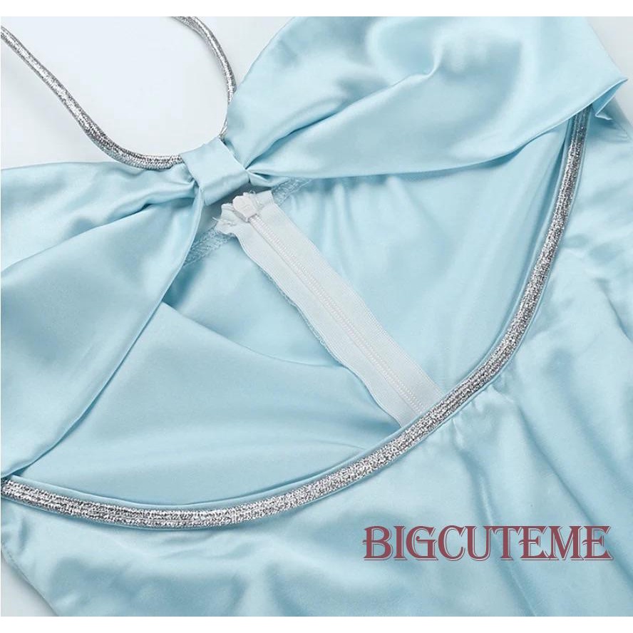 [] - Đầm Mini Hai Dây Cổ Chữ V Màu Trơn Sáng Bóng Mùa Hè Dành Cho Nữ