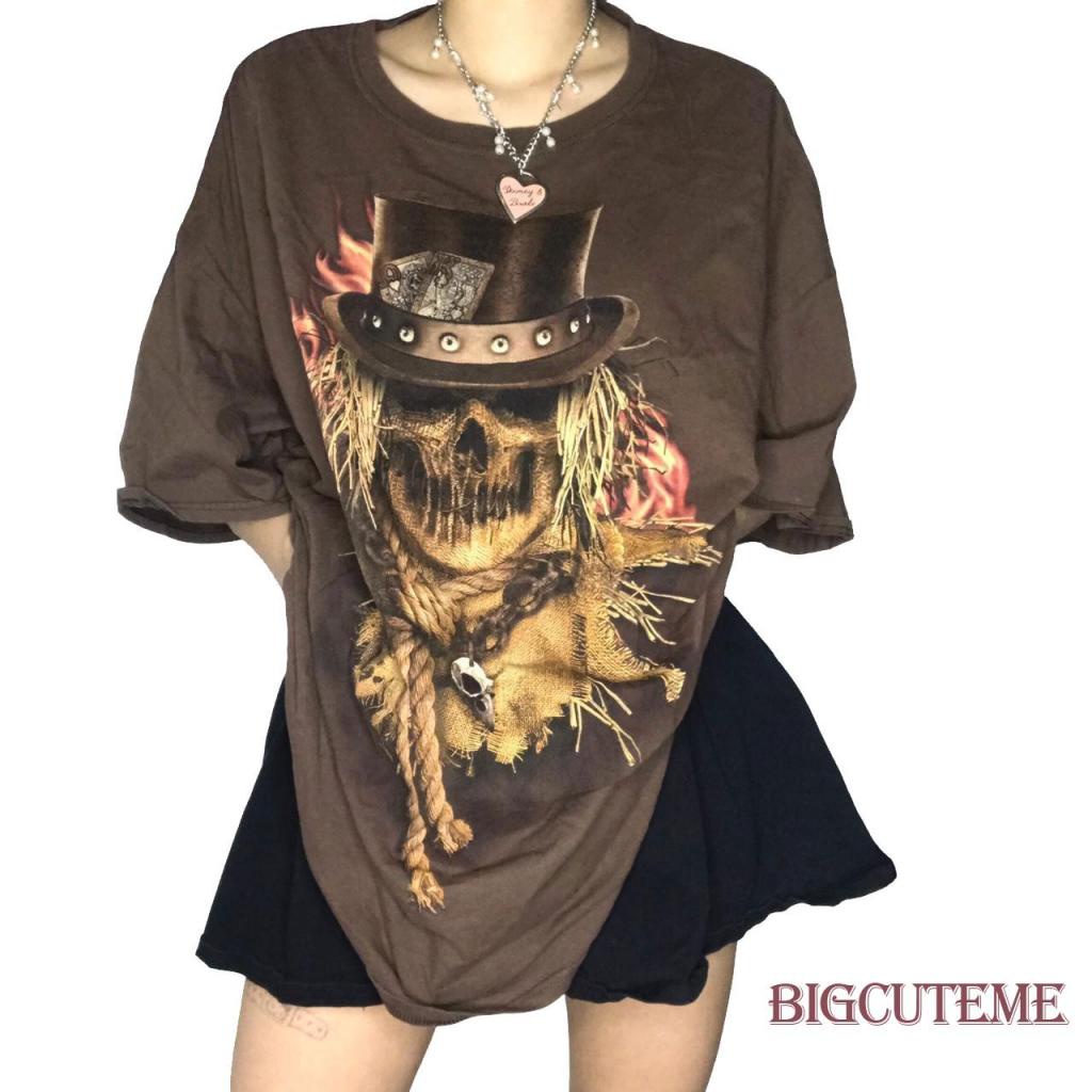 Áo Thun Tay Ngắn Dáng Rộng In Hình Đầu Lâu Cá Tính Phong Cách Vintage Cho Bạn Gái