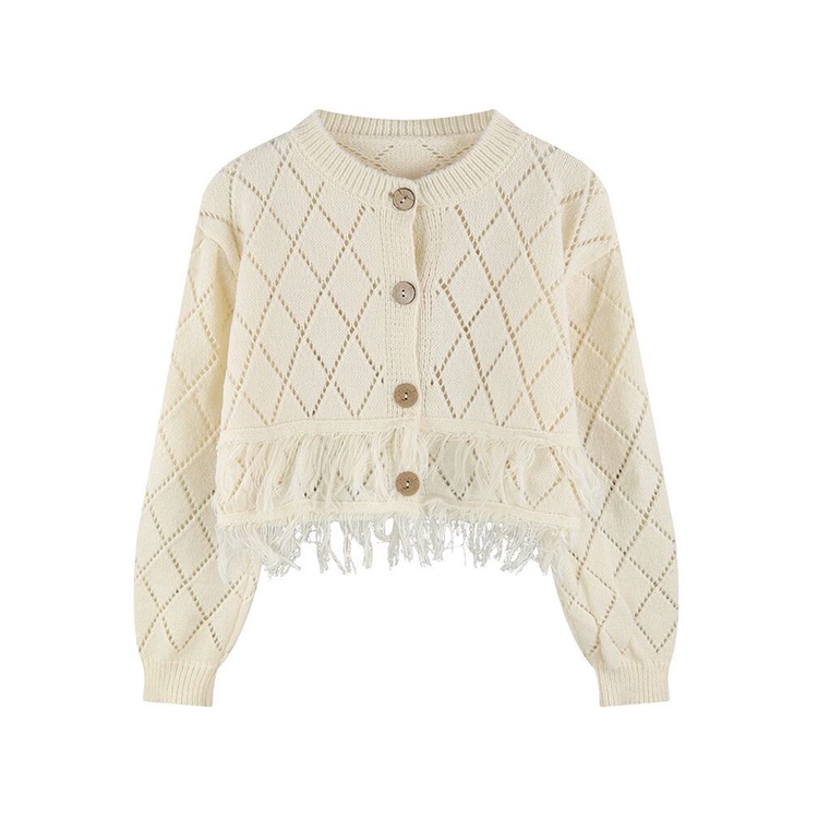 Áo Khoác Cardigan Dệt Kim Mỏng Dáng Ôm Thiết Kế Đục Lỗ Phối Tua Rua Thời Trang Cho Nữ