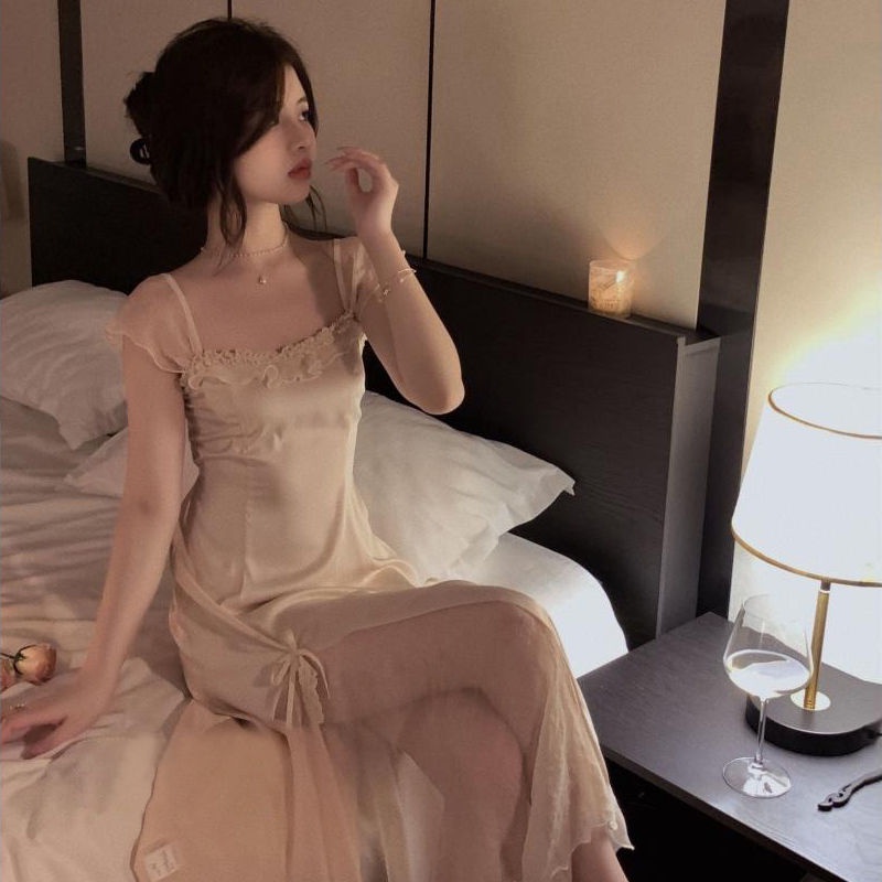 Đầm Ngủ Dáng Dài Tay Ngắn Có Đệm Ngực Phối Ren Và Nơ Phong Cách Mùa Hè Dành Cho Nữ
