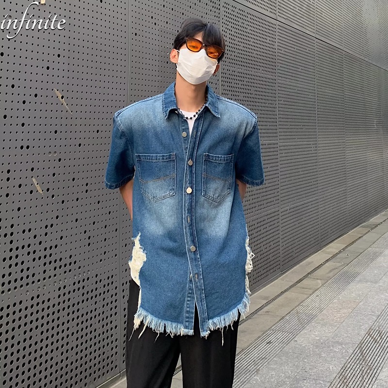 Áo Sơ Mi denim Tay Ngắn Dáng Rộng Phong Cách retro Mỹ Cho Nam