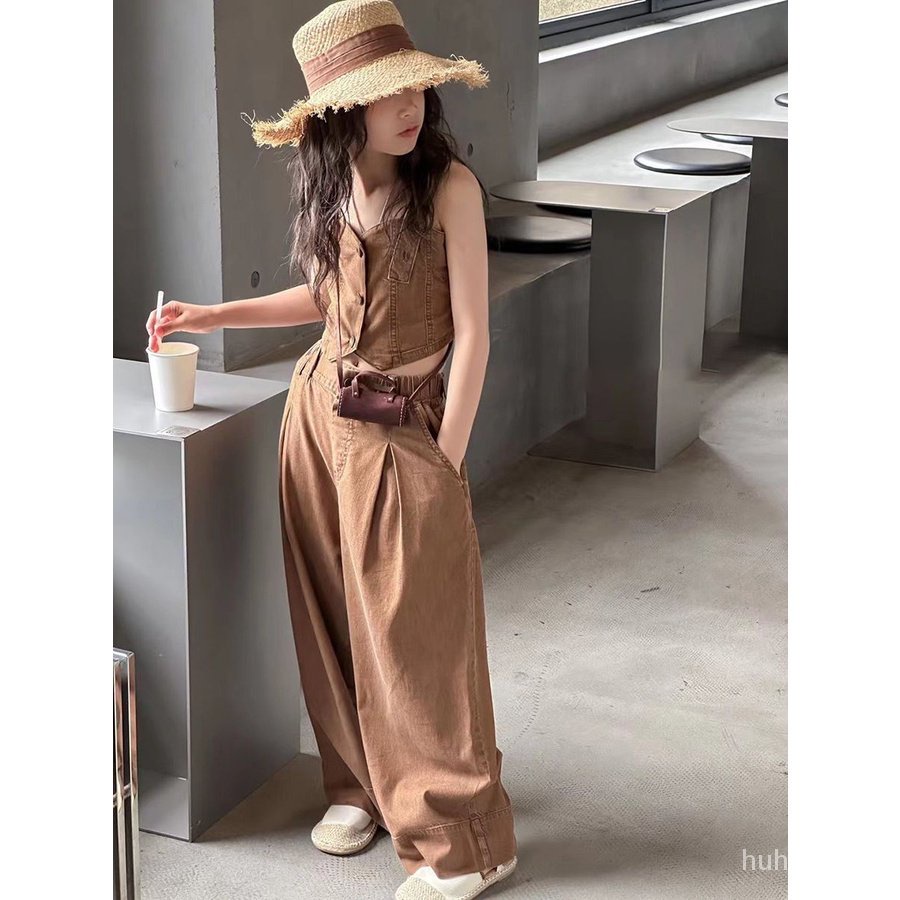 Bộ Áo Denim Hai Dây + Quần Dài Ống Đứng Phong Cách Hàn Quốc 2023 Cho Bé Gáihuhu01.vnhuhu01.vnhuhu01.vn