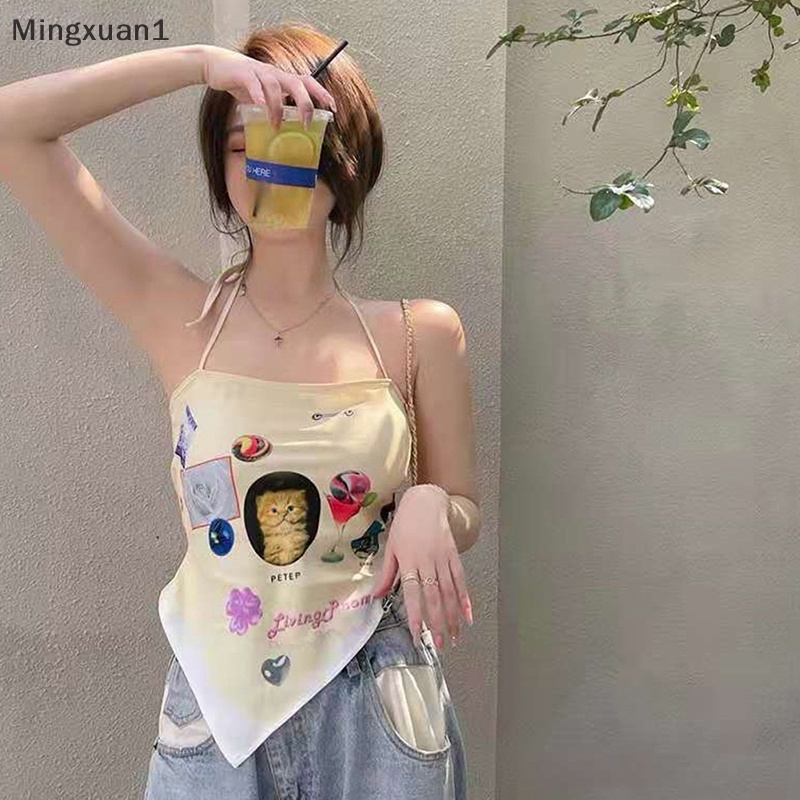Áo Hai Dây Crop Top In Họa Tiết Hở Lưng Quyến Rũ Mùa Hè Thanh Lịch Ngọt Ngào Cho Nữ QZZ