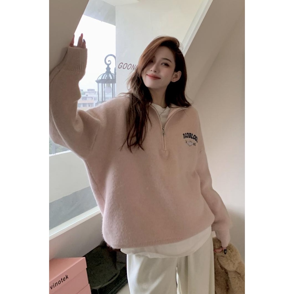 Áo Sweater Dáng Rộng Dày Dặn Phối Khóa Kéo Phong Cách Retro Mỹ Cho Nữ
