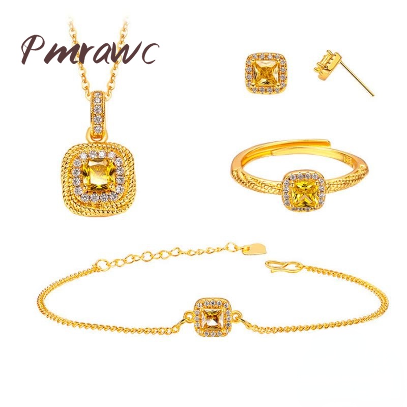 Pmrawc | Bộ Trang Sức Mạ Vàng 18K Đính Kim Cương Nhân Tạo Mạ Bạc 925 SNA2509