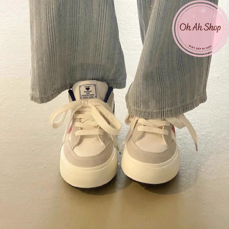 🍓  Giày Nữ Đi Học Giày Vải Canvas Màu Xám Kẻ Đỏ Gót Navy Loại 1  Ohahshopgiaydep