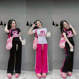 Set đồ bộ gân áo thun thiêu hình gấu phối quần ống rộng thun gân siêu cưng , hot , đi chơi cực xinh db09100021