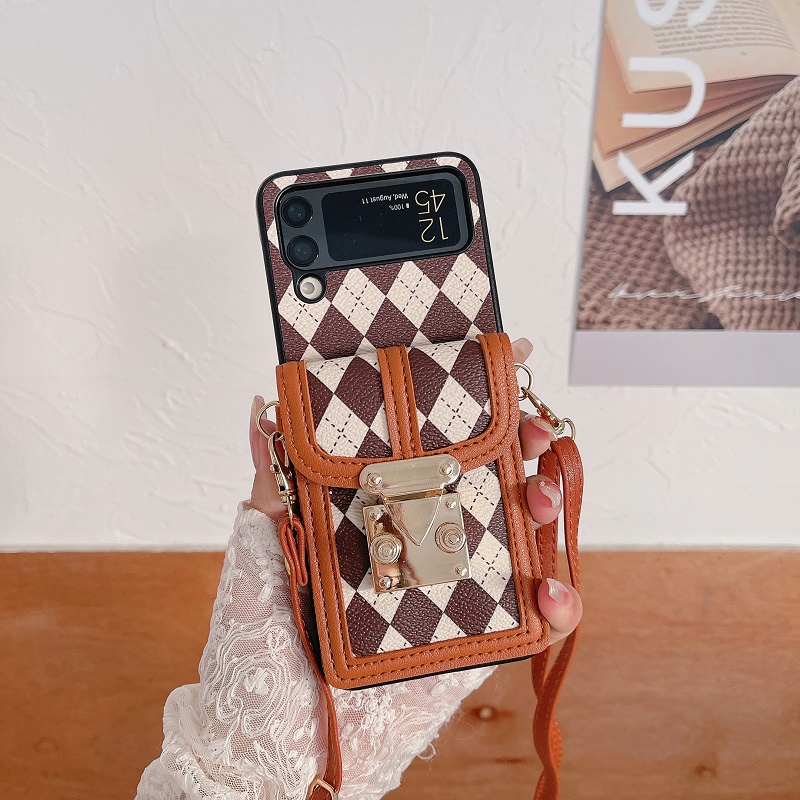 Ốp Điện Thoại Da Nắp Gập Họa Tiết Lưới Có Ngăn Đựng Thẻ Và Dây Đeo Chéo Sang Trọng Cho Samsung Galaxy ZFlip4 Flip3 flip5 5G