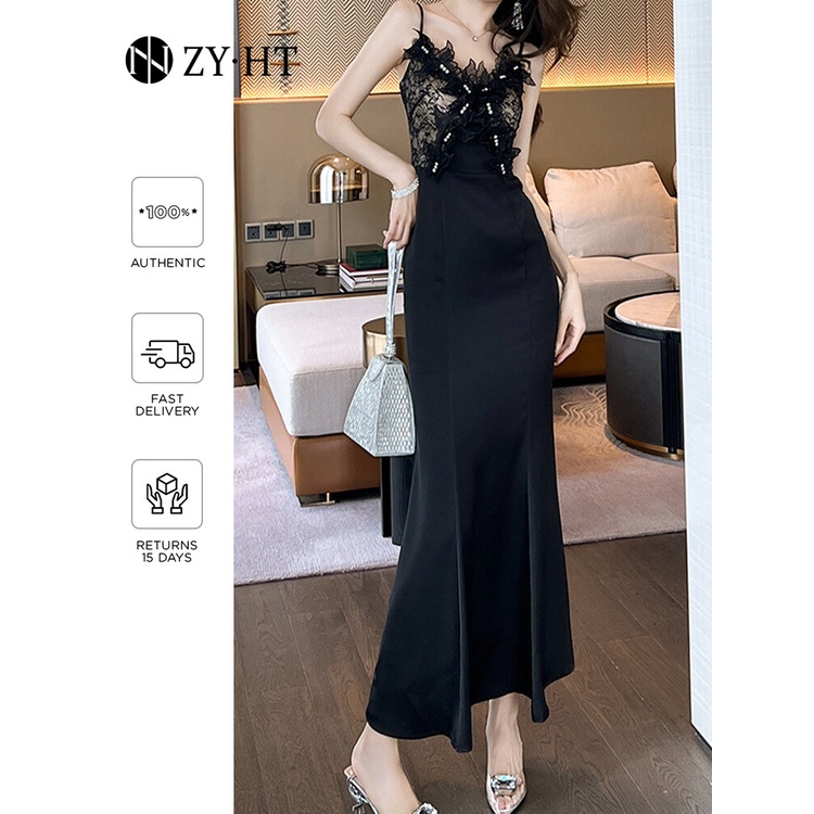 ZYHT Đầm Kỳ nghỉ màu đen dây treo Maxi Mảnh mai sexy đầm đuôi cá 40096