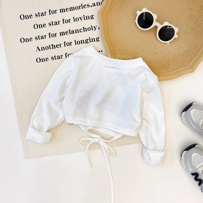 Áo Thun Tay Ngắn Mùa Hè 23 Bằng Vải Cotton Trơn Buộc Dây Eo Thời Trang Đường Phố Cho Bé Gái