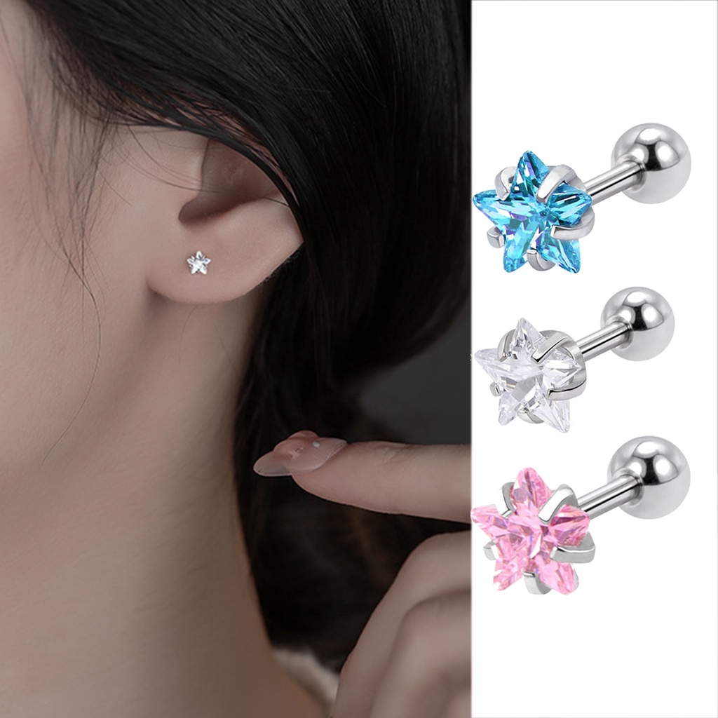 1pc 6mm bông tai nhỏ tối giản sáng bóng zircon năm cánh ngôi sao thời trang đinh tán