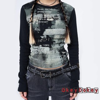 Okdk-women ́s spring summer fitted t-shirt màu đen dài tay crewneck graphic print crop tops