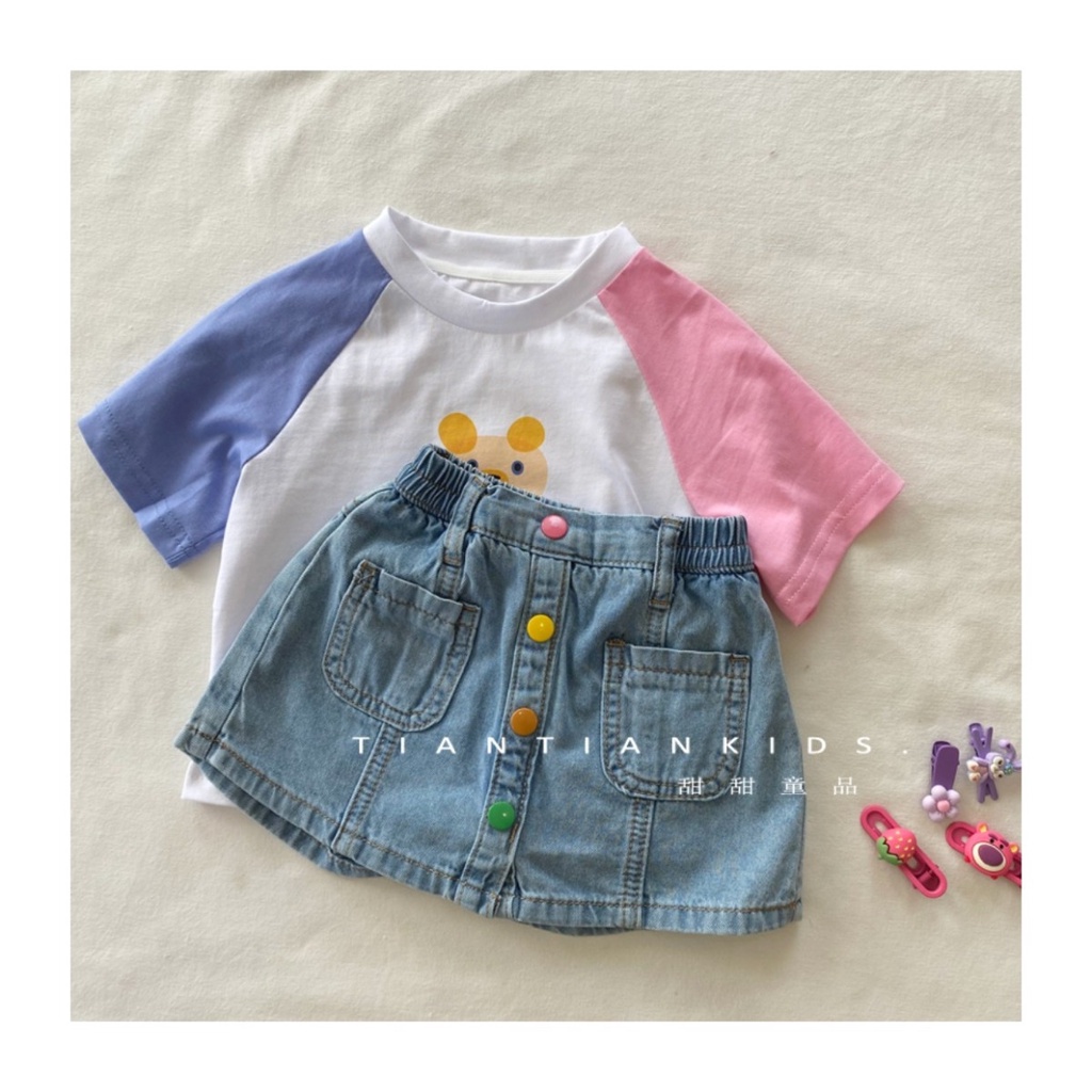 Set Áo Thun Tay Ngắn Và Quần Short Denim Thời Trang Mùa Hè 2023 Phong Cách Nhật Bản Mới Cho Bé Gái