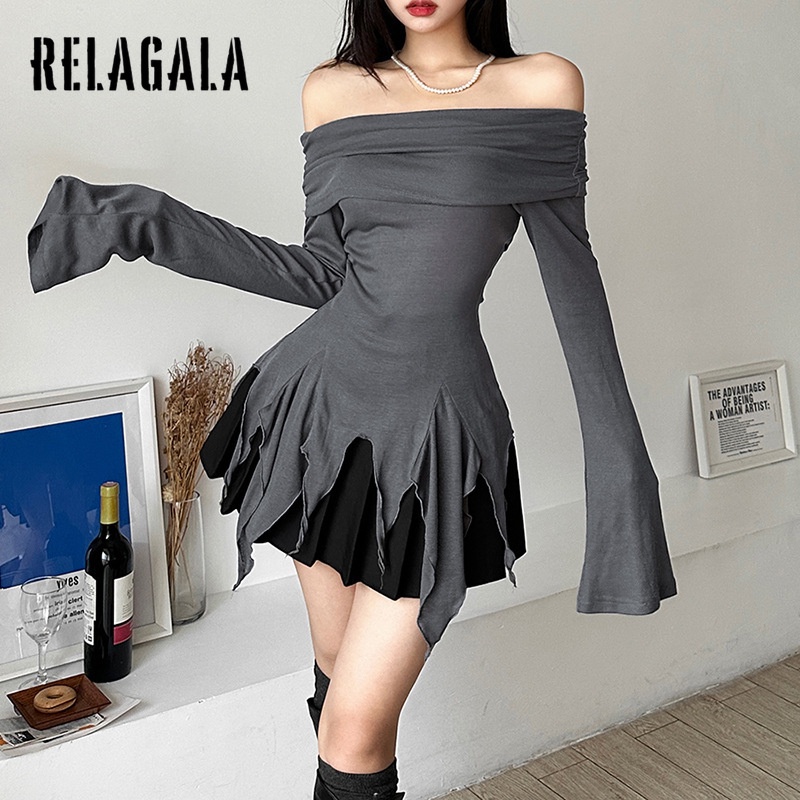 Relagala women's 2023 new solid color slim street fashion off shoulder halter t-shirt dài tay