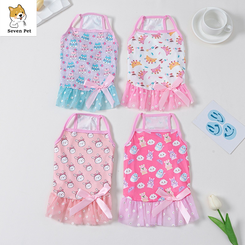 Sevenpet suspender dog dress for shih tzu female mesh cat skirt quần áo cho thú cưng quần áo mùa hè cho chó con