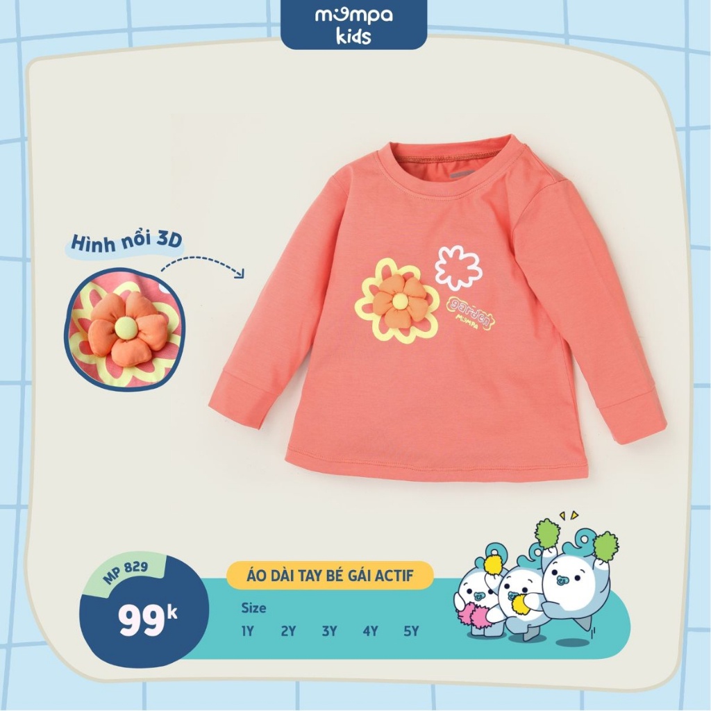Áo dài tay cho bé gái Mompa 1 đến 5 tuổi vải cotton actif mềm mại co giãn thấm hút MP 829