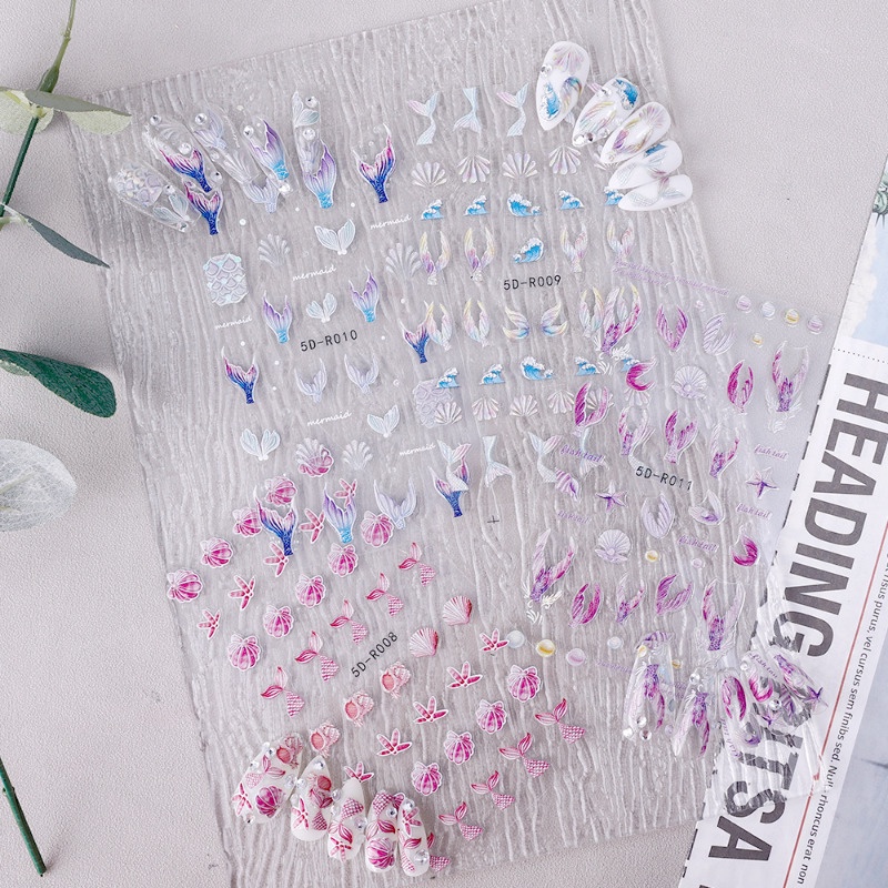 1 tờ giấy dán móng tay nổi / giấy dán móng tay đuôi cá-con người 5d / keo dán móng tay holographic flourrescent băng dính / decal móng tay chuyển nước / dụng cụ trang điểm móng tay