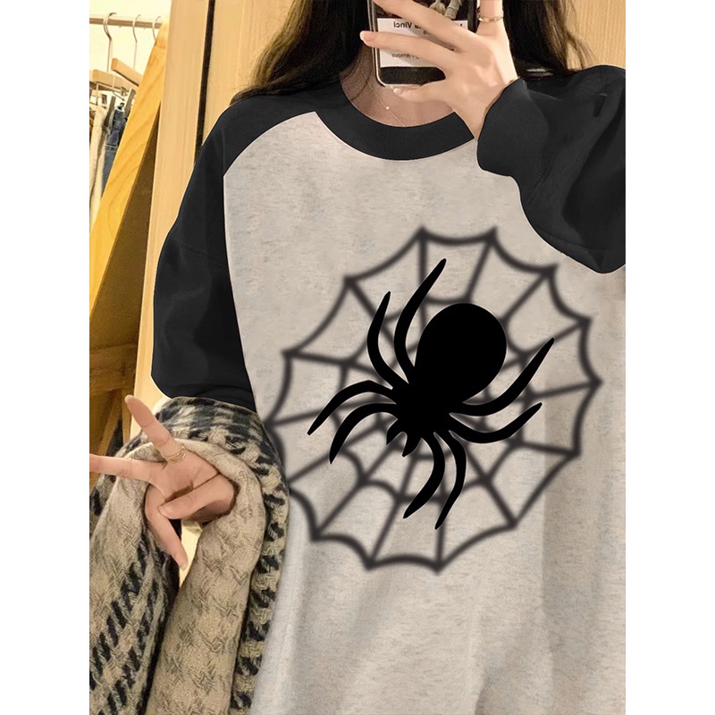 100% cotton 2023 hàn quốc thu đông mới vai in ghép nối dài tay t-shirt nữ hàng đầu