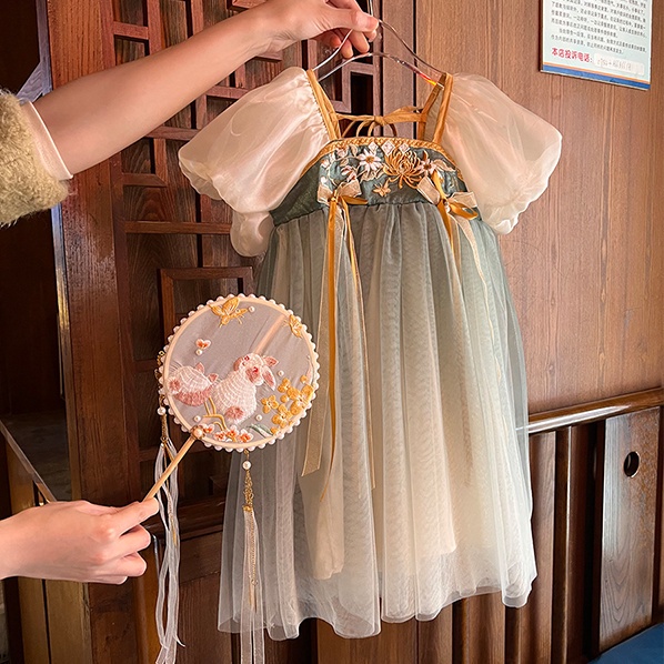Váy hanfu thêu của cô gái puff sleeve princess dress baby mesh skirt