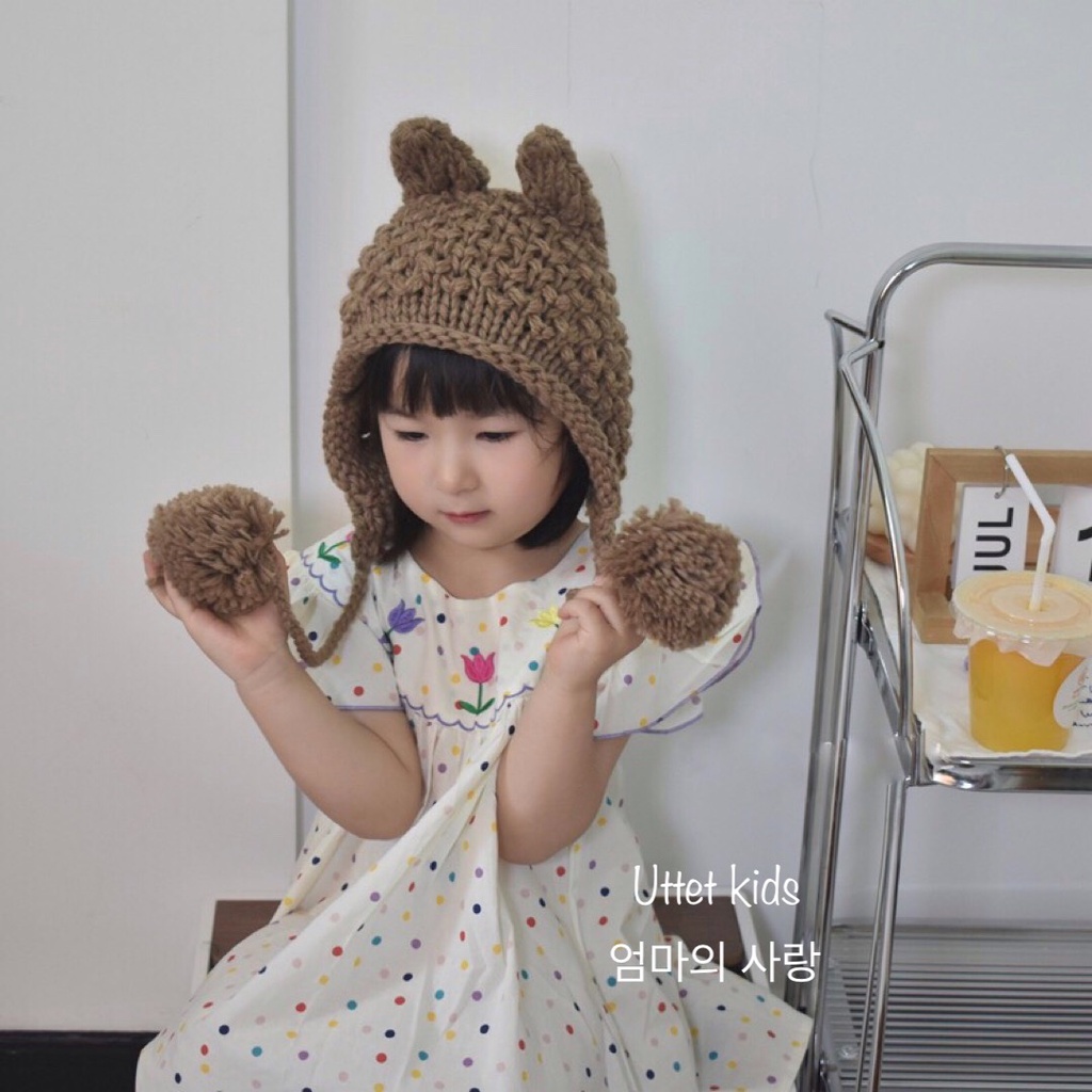 MŨ LEN TAI THỎ PHONG CÁCH HÀN QUỐC VÀNH 52CM CHO BÉ GÁI VÀ BÉ TRAI