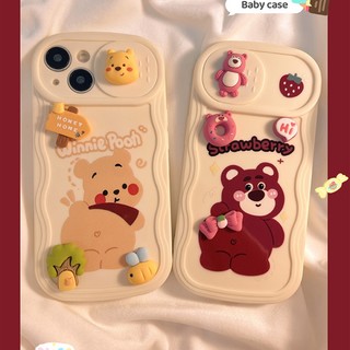Iphone phim hoạt hình dễ thương hip cube strawberry winnie bear push pull frame case điện thoại cho 7 7plus 8 8plus xs xr 11 12 13 14 pro plus promax silicone