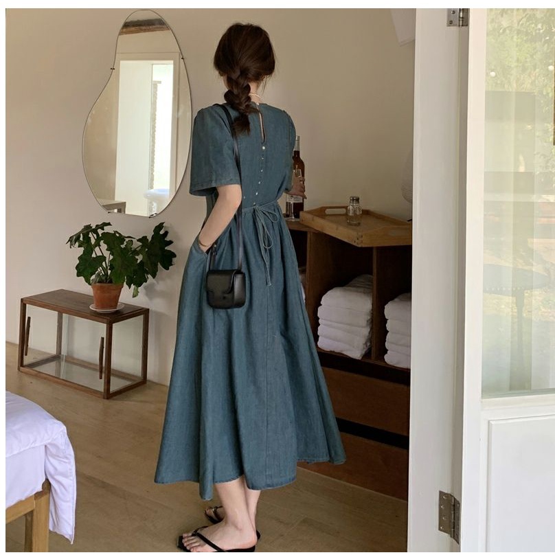 Ready stock phiên bản hàn quốc váy denim tươi mát mùa hè phong cách mới high-end váy tinh tế kích thước lớn hình quả lê lỏng lẻo trông mỏng hơn a-line s