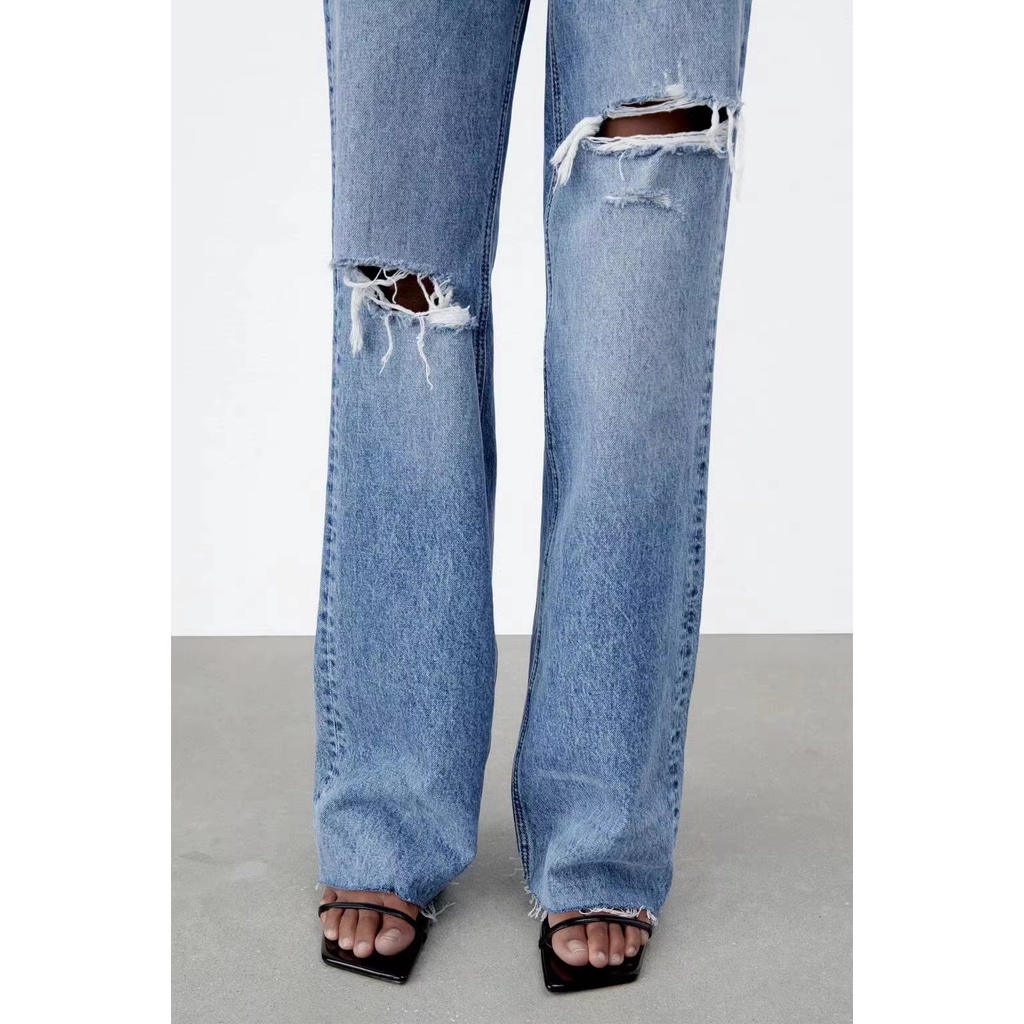 Zara mùa hè phong cách mới mảnh mai hơn nhìn thẳng lưng cao quần jean rách trang trí chân rộng06045227407