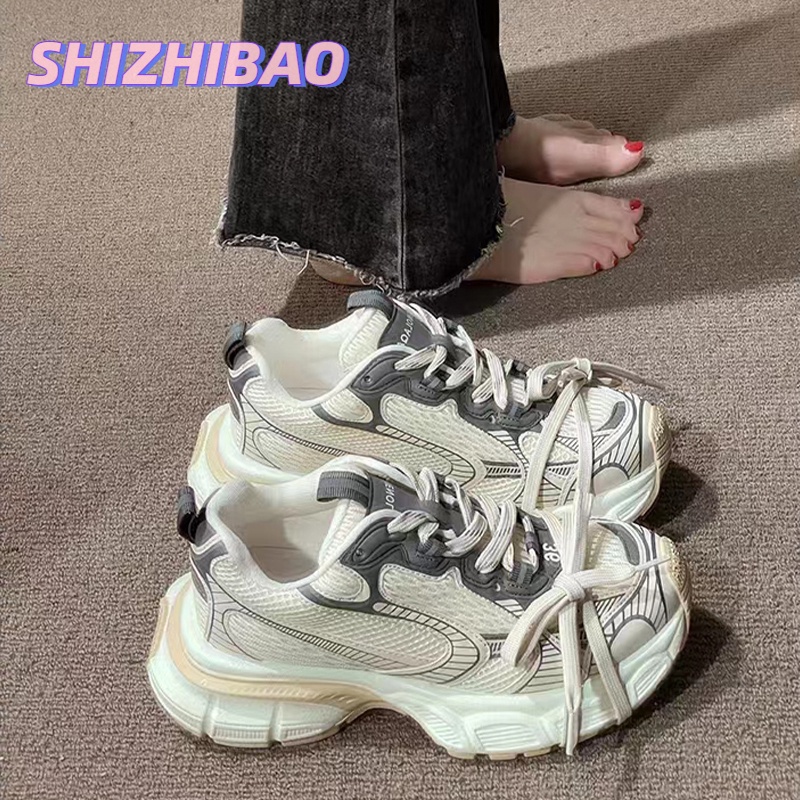 Shizhibao lace-up color-blocking sneakers women's breathable all-match soft-soled running sneakers thoải mái non-slip sneakers