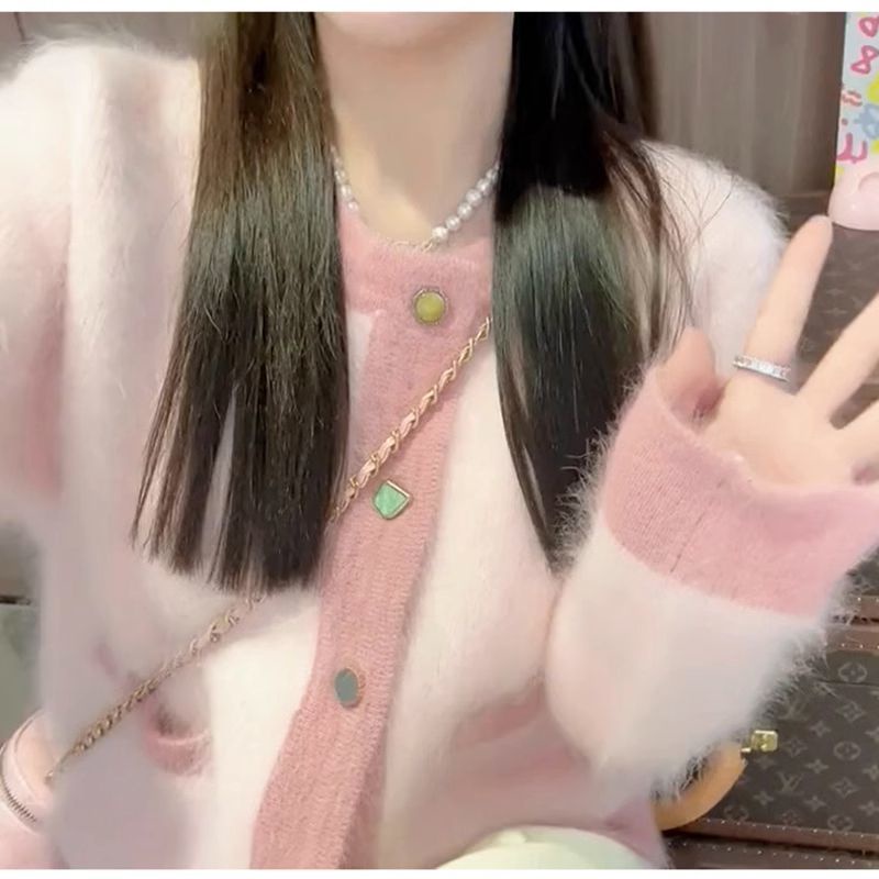 Áo Khoác cardigan Dệt Kim Vải Lông Cừu Màu Hồng Phong Cách Pháp Thời Trang Thu Đông Mới Cho Nữ