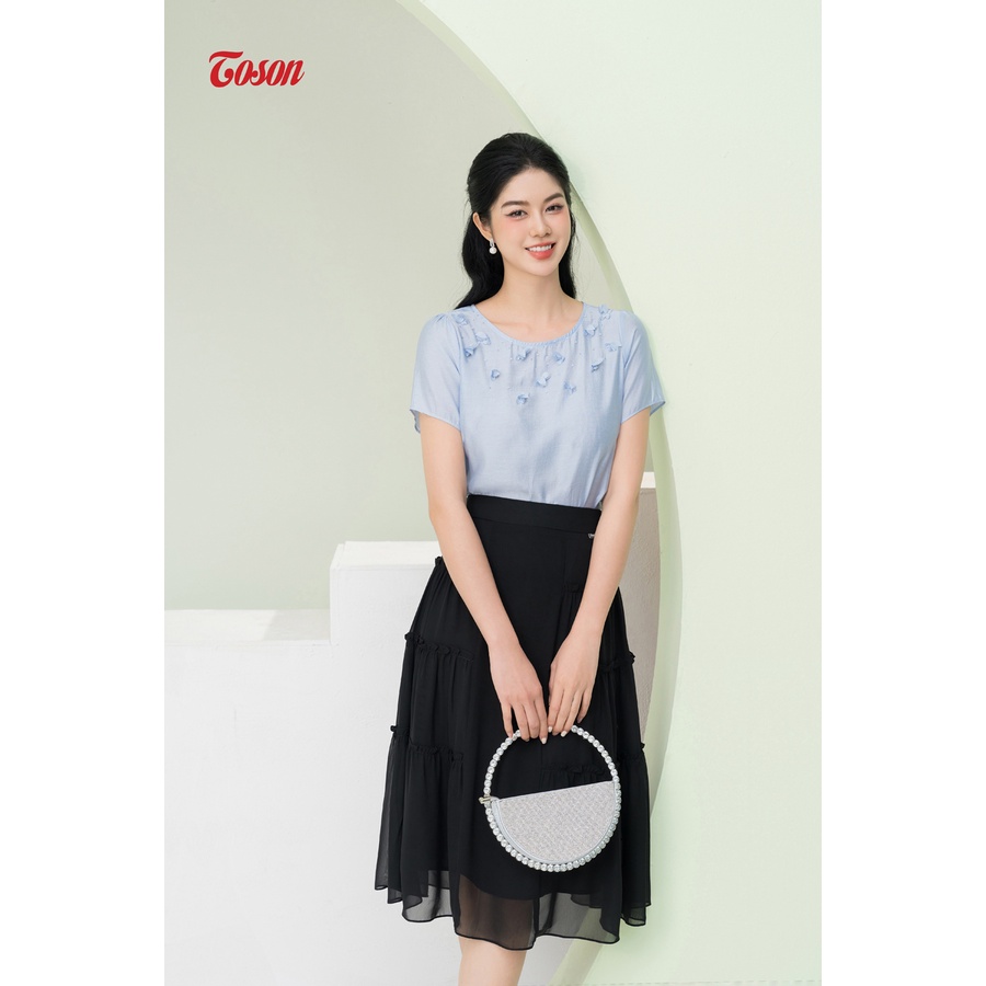 Áo sơ mi tơ xanh, dáng suông tay bồng đính hoa cườm 14073X83 Toson