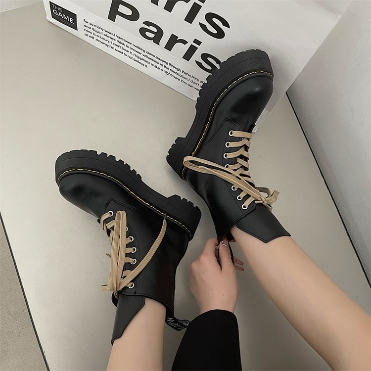 Blackpink cùng phong cách pu nền tảng ngón chân tròn đế martin boots phong cách anh niche ins side zipper dày đế thời trang boots nữ