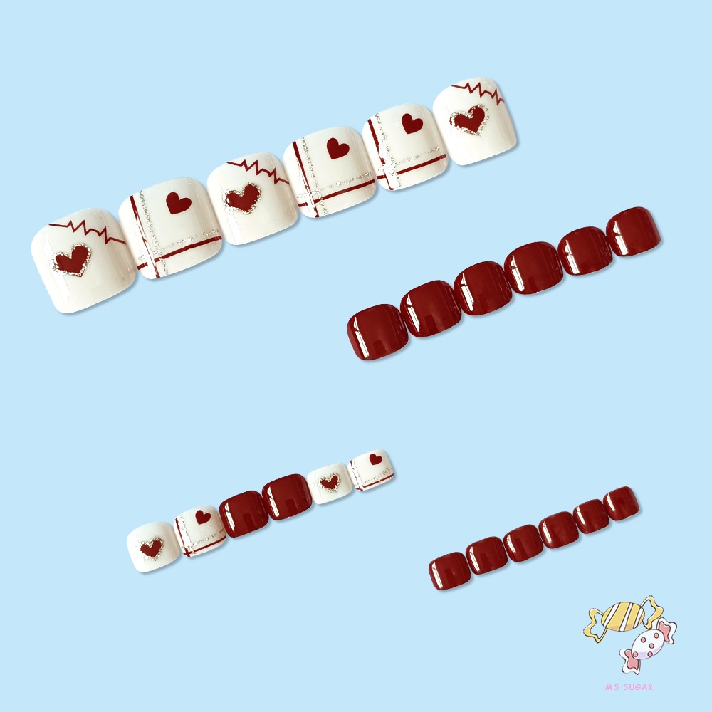 YADORNOS Nhấn vào móng chân màu đỏ trái tim giả móng tay giả móng chân giả thời trang móng chân nhân tạo