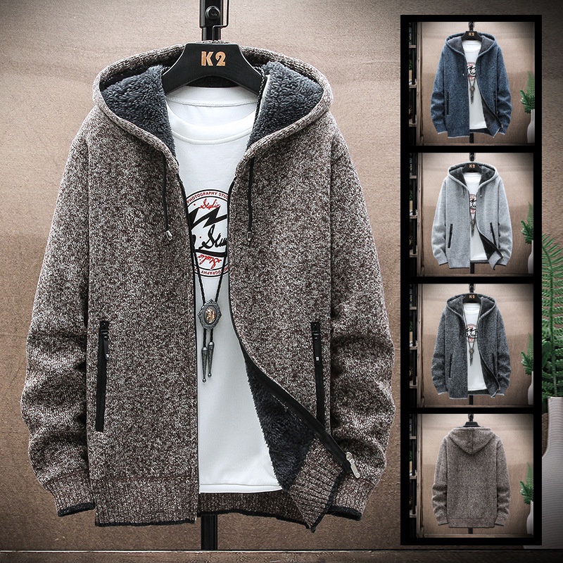 Áo khoác len nam hanlu dây kéo dài tay có túi lông cừu dày có mũ trùm đầu vải chất lượng hàng đầu