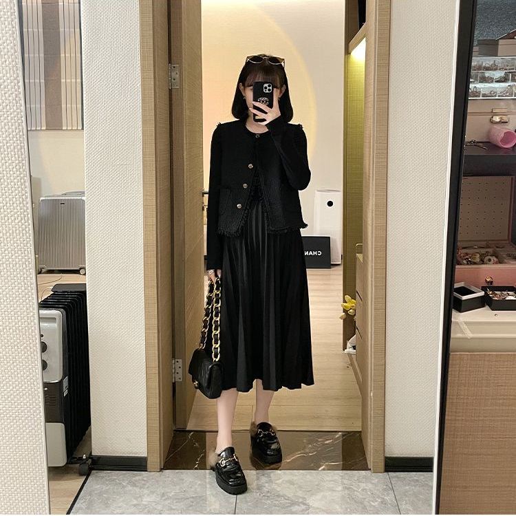 Đầm bầu đầm bầu đầm bầu đầm bầu phù hợp với bà bầu đầm bầu xuân thu đầm bầu dài tay áo bà bầu 2022 mùa thu đông phong cách mới đầm bầu đầm bầu + phong cách xiaoxiang vest sang trọng ngắn hàng đầu cho bà bầu