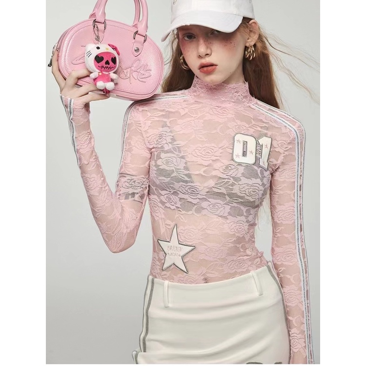 1jinn studio contrast color retro lace hot girl long-sleeved t-shirt half-high collar slim fit with micro-permeable long-sleeved bottom shirt