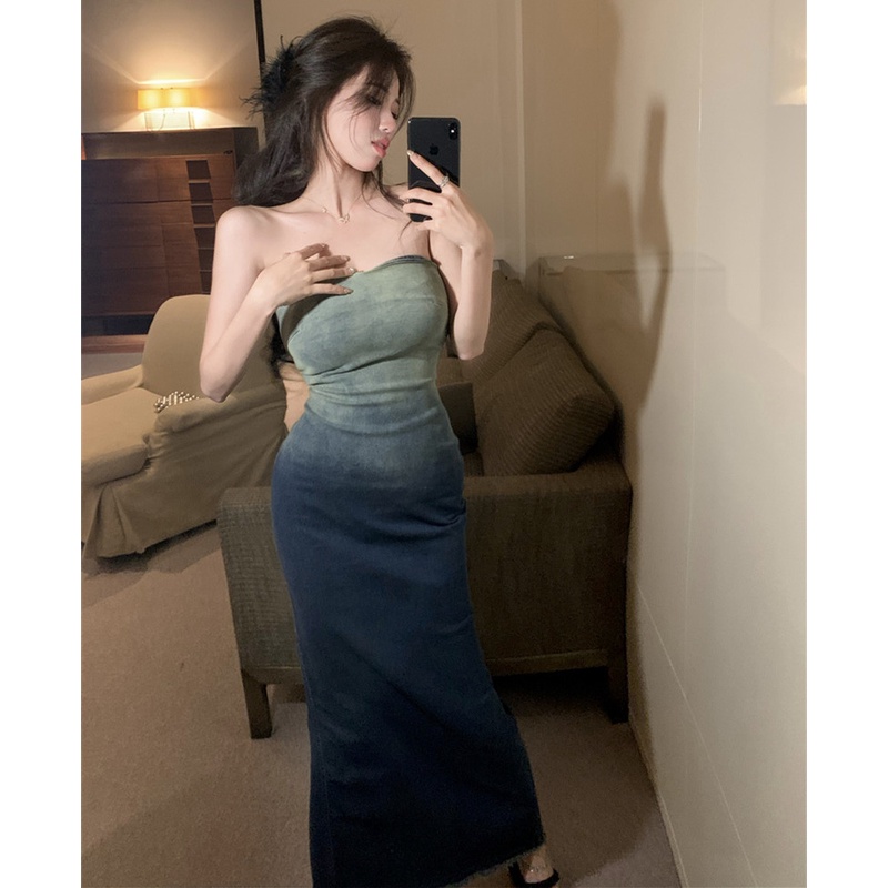 Đầm Denim Dáng Ôm Co Giãn Màu Gradient Thời Trang