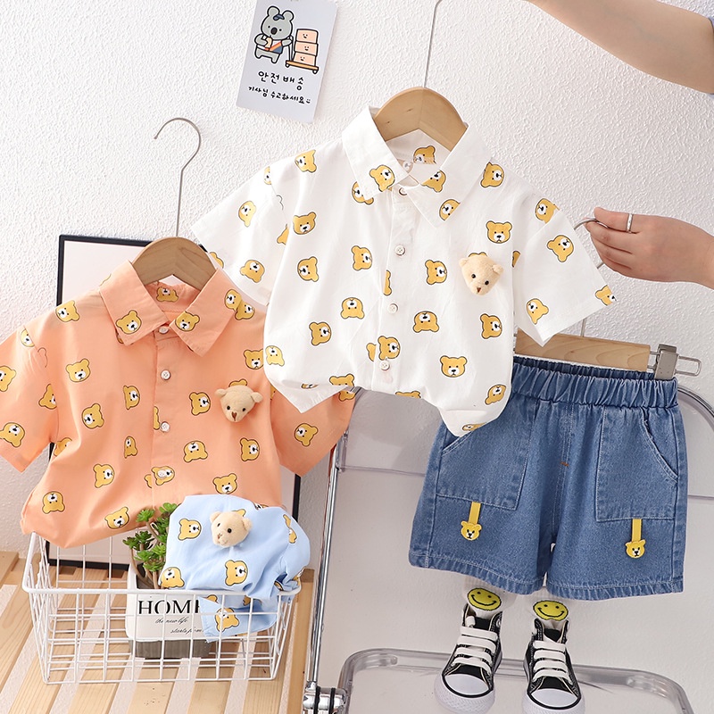 oopsmile Bộ Áo Sơ Mi Tay Ngắn Cổ Bẻ In Họa Tiết Hoạt Hình Kèm Quần Jean Ngắn Thời Trang Mùa Hè Cho Bé Trai Và Gái