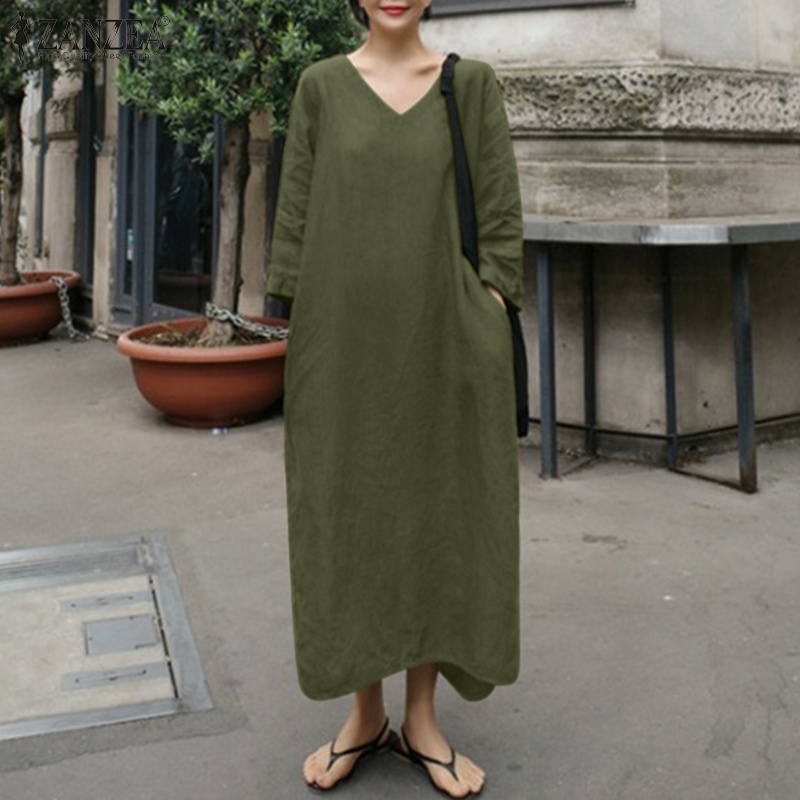 Zanzea Đầm Nữ Dài Tay Cổ Chữ V Xẻ Tà Quyến Rũ