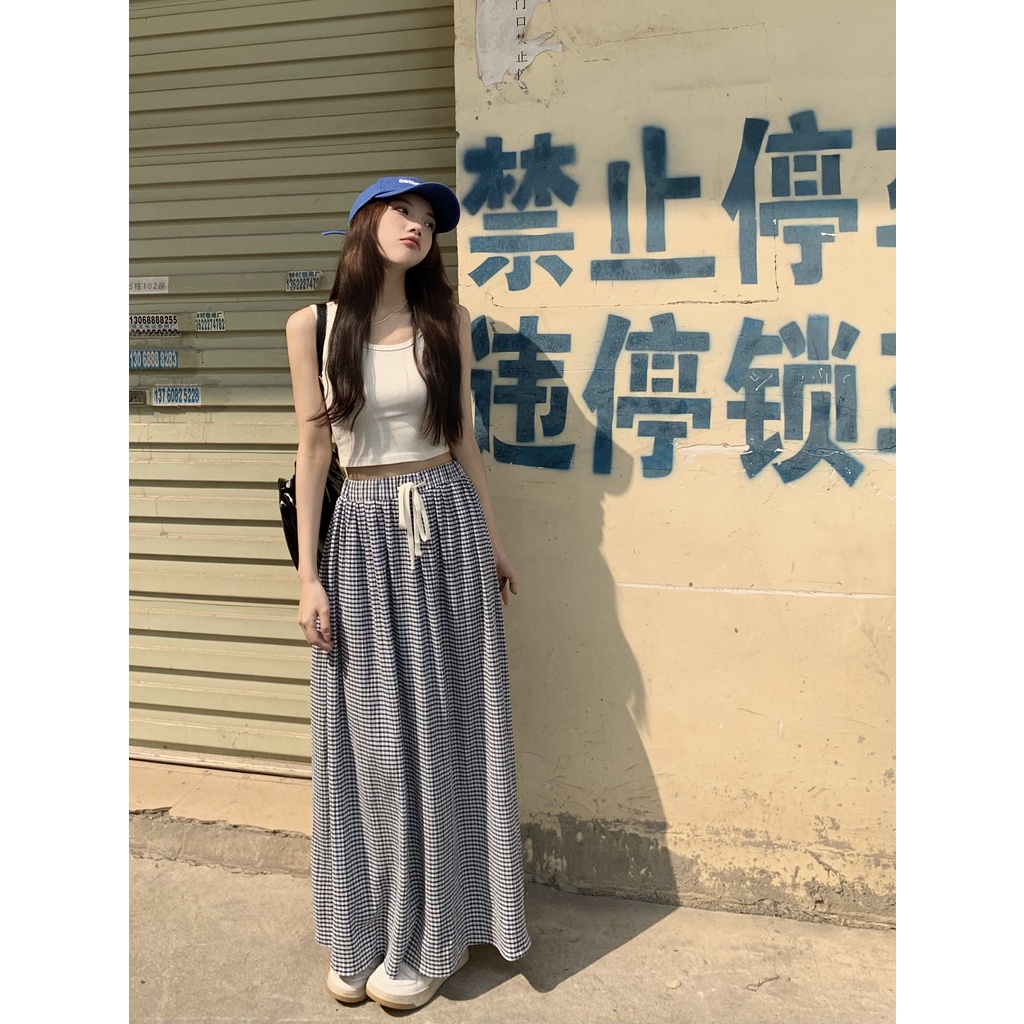 Chân Váy Dài Dáng Chữ A Lưng Cao Họa Tiết Sọc Caro Phong Cách Vintage Hàn Quốc