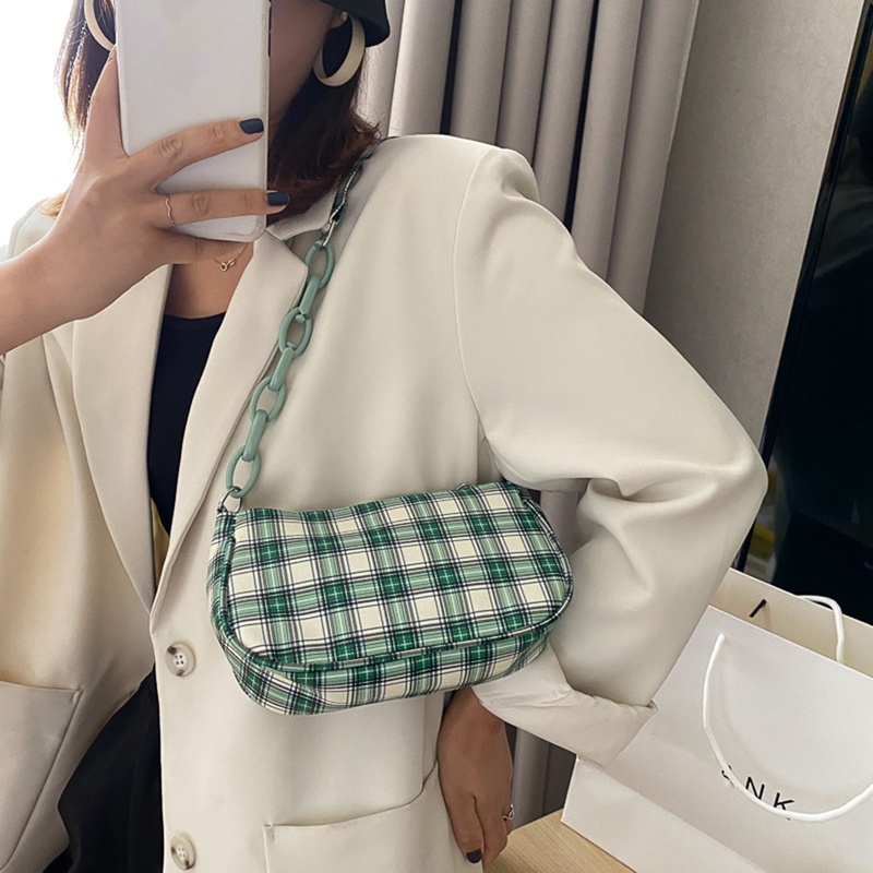 Fancy Túi Xách Đeo Vai Mini Họa Tiết Kẻ Sọc Phối Dây Xích Có Khóa Kéo Phong Cách Retro Dành Cho Nữ