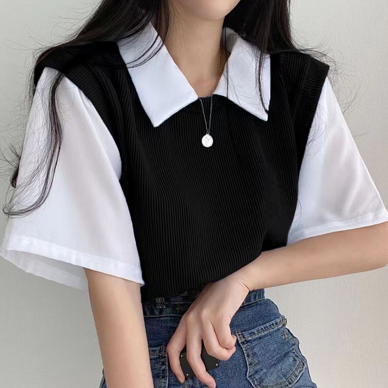 IELGY Áo Thun Ngắn Tay Giả Hai Lớp Màu Sắc Tương Phản Thời Trang Cho Nữ