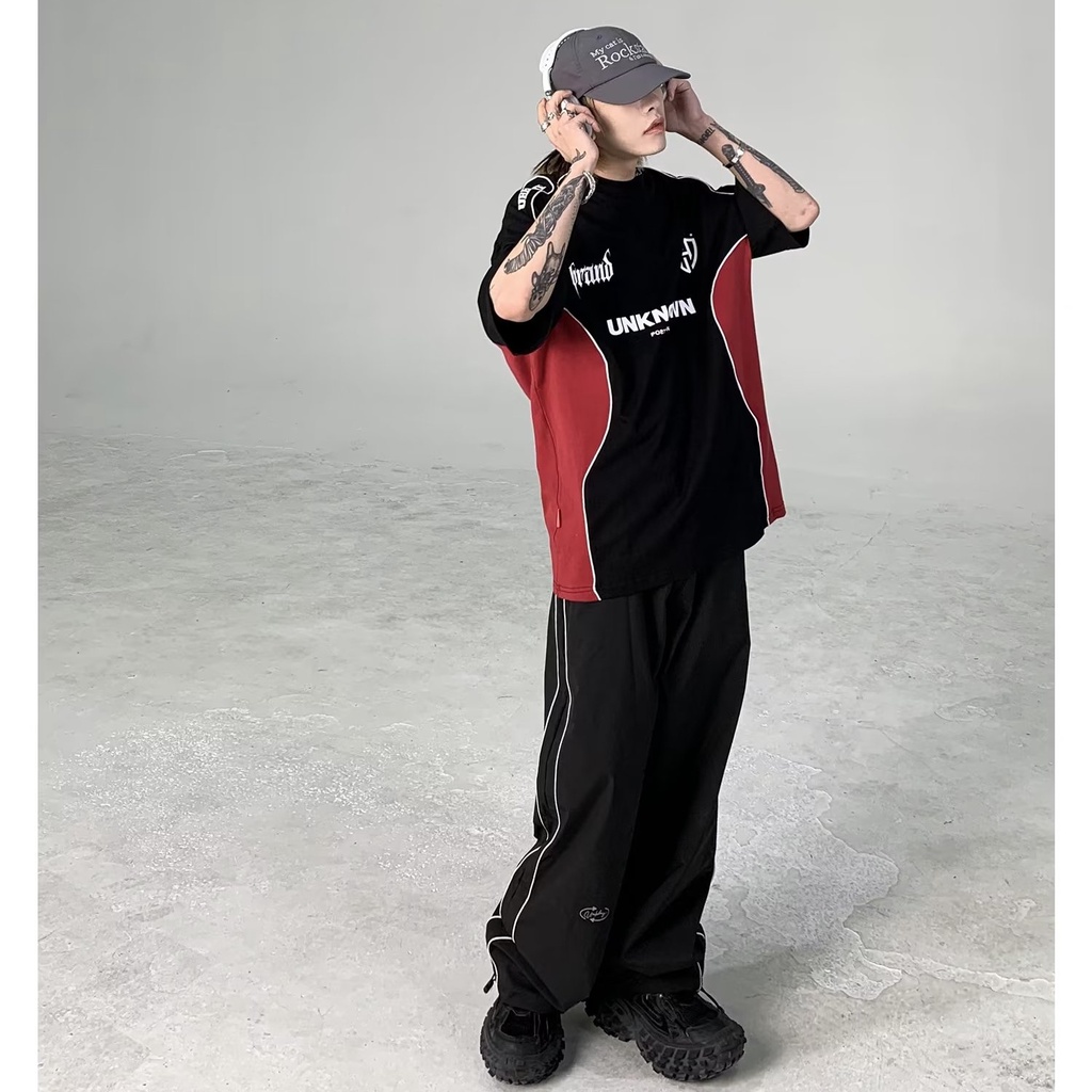 Áo Thun Thể Thao Tay Lỡ Dáng Rộng Màu Sắc Tương Phản Phong Cách Hip Hop Thời Trang Cho Nam