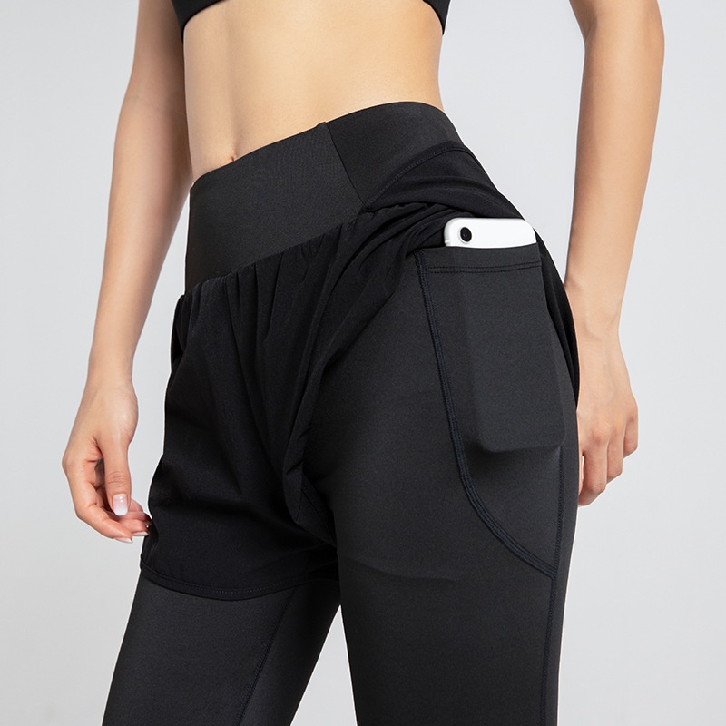 Quần Legging Thể Thao Giả 2 Lớp Lưng Cao Co Giãn Nhanh Khô Có Túi Dành Cho Nữ Size S ~ 2XL